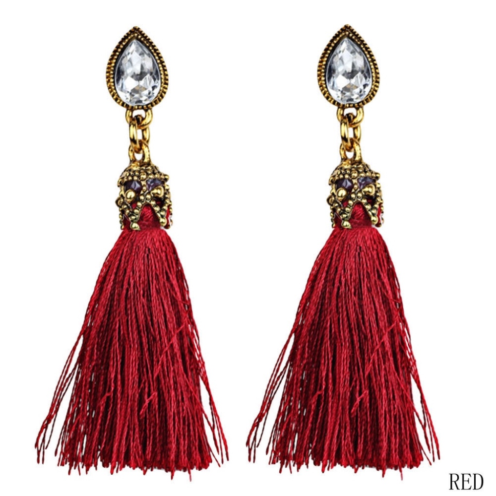 Red Tassel Stud Crystal Earrings Red Gold